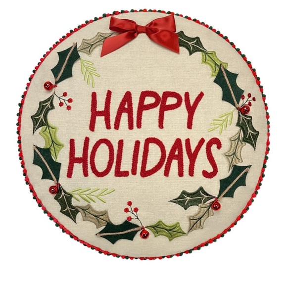 Round Happy Holiday Throw Pillow Linen St Nicholas Square® Red Bells Red Bow NWT - Picture 6 of 10